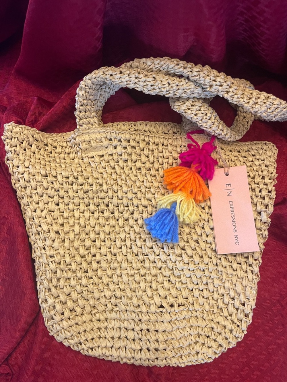Expressions Natural Straw Tote with Pink, Orange, Yellow & Blue Tassels